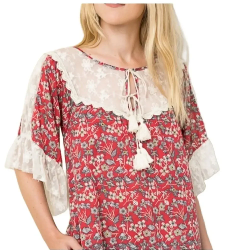 Hayden red floral peasant mini dress sz Small - Picture 3 of 13